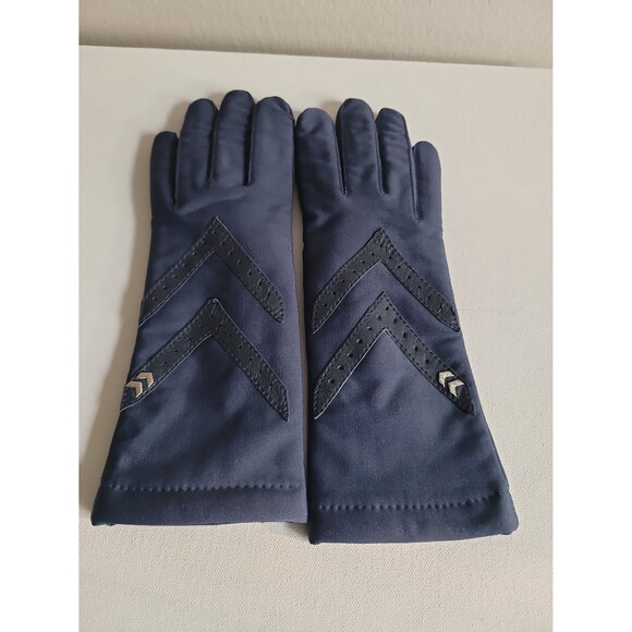 Vintage Isotoner Navy Fabric with Leather Trim Ladies Gloves Sz L - Picture 2 of 9